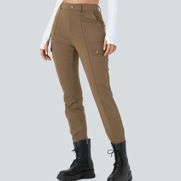 NWT new large Halara High Waisted Zipper Pockets Solid Skinny Cargo Pants brown - Picture 1 of 17